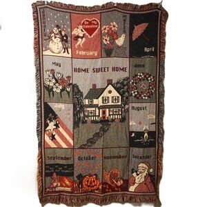 Vintage “Home Sweet Home” Tapestry Seasonal Throw with Fringe Layered